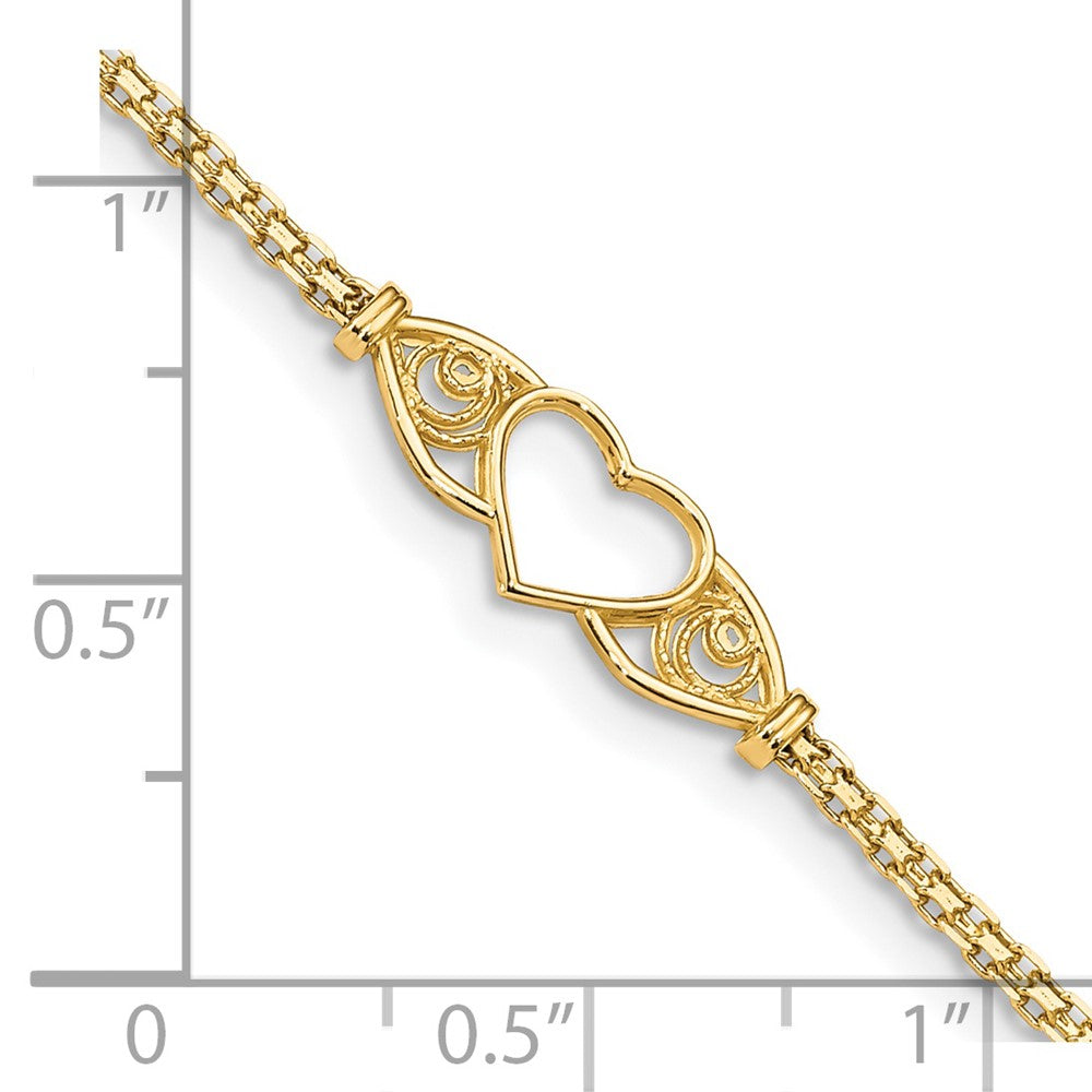 14K Yellow Gold Polished Open Heart with Filigree and Bismark Chain 10 Inch Anklet