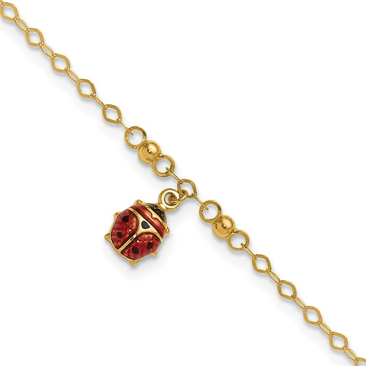 14K Yellow Gold Red and Black Enameled Ladybug 9 Inch Plus 1 Inch Extender - Total 10 Inch Anklet