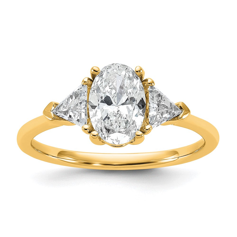 14K Yellow Gold 1/2 carat Lab Grown Diamond VS+ F+ Trillion and 1 carat Oval Center Semi Mount Three Stone Engagement Ring