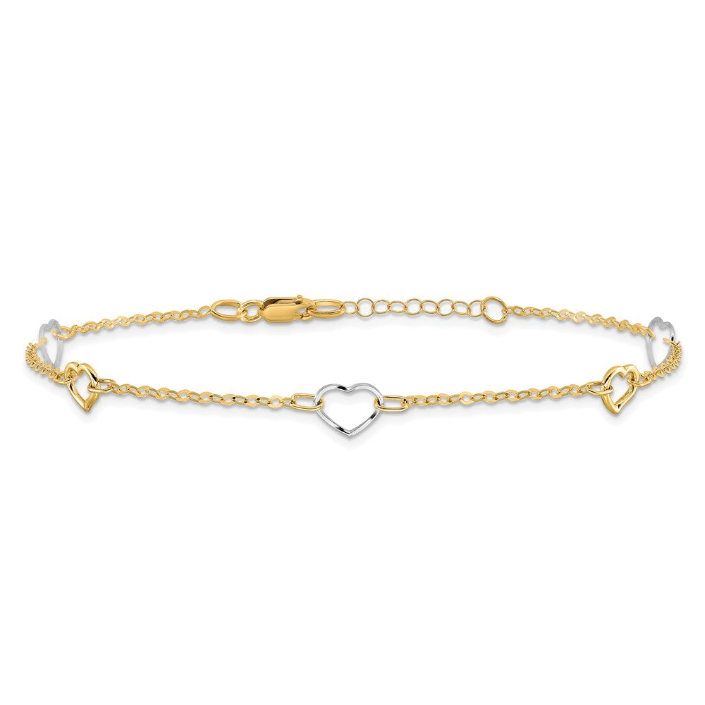 14K Two-Tone Gold Two-tone Polished Open Hearts 5-Station 9 Inch Plus 1 Inch Extender - Total 10 Inch Anklet
