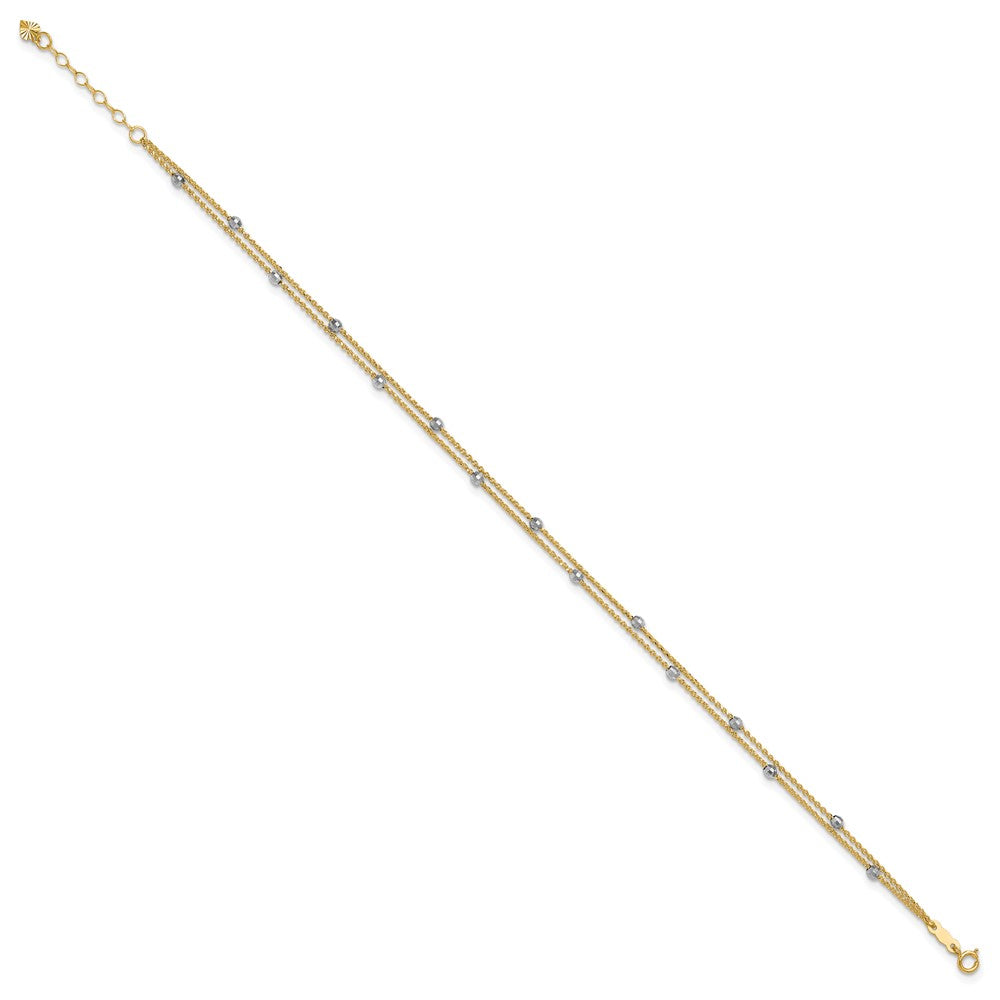 14K Two-Tone Gold Two-tone 2-Strand Chain with Mirror Beads 9 Inch Plus 1 Inch Extender - Total 10 Inch Anklet