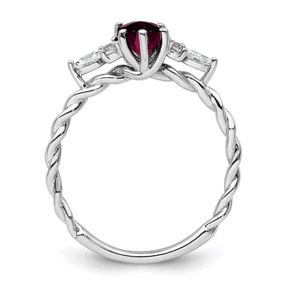 14K White Gold Diamond and 7x5 Oval June/Rhodolite Garnet Size 7 Twisted Ring