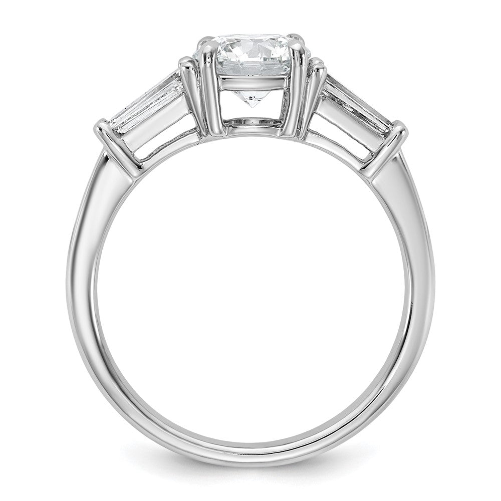 14K White Gold 1 1/2 carat Lab Grown Diamond VS+ F+ Round and Tapered Baguette Complete Three Stone Engagement Ring