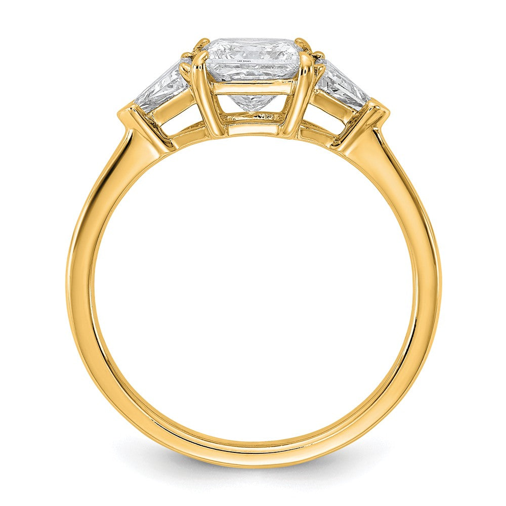 14K Yellow Gold 1 1/2 carat Certified Lab Grown Diamond VS+ F+ Princess and Trillion Complete Three Stone Engagement Ring