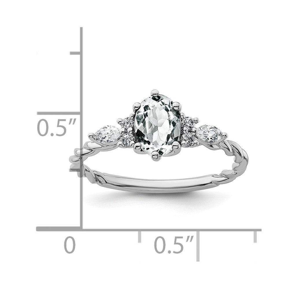 14K White Gold Diamond and 7x5 Oval April/White Topaz Size 7 Twisted Ring