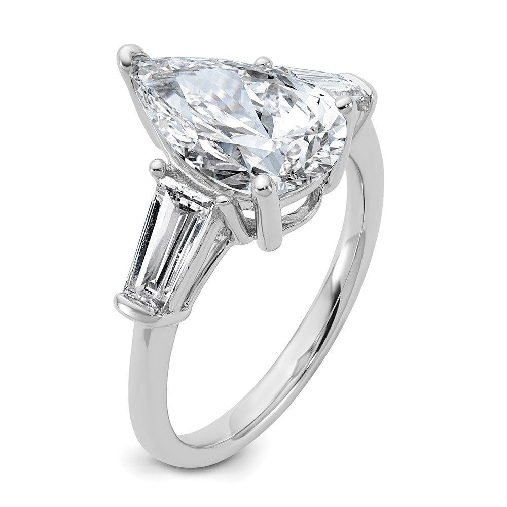 14K White Gold 6 3/4 carat Certified Lab Grown Diamond VS+ G+ Pear and Tapered Baguette Complete Three Stone Engagement Ring