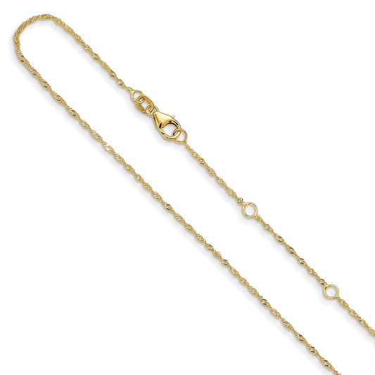 18 Inch 10K Yellow Gold 1.25mm Singapore 1In+1In Adjustable Chain Necklace