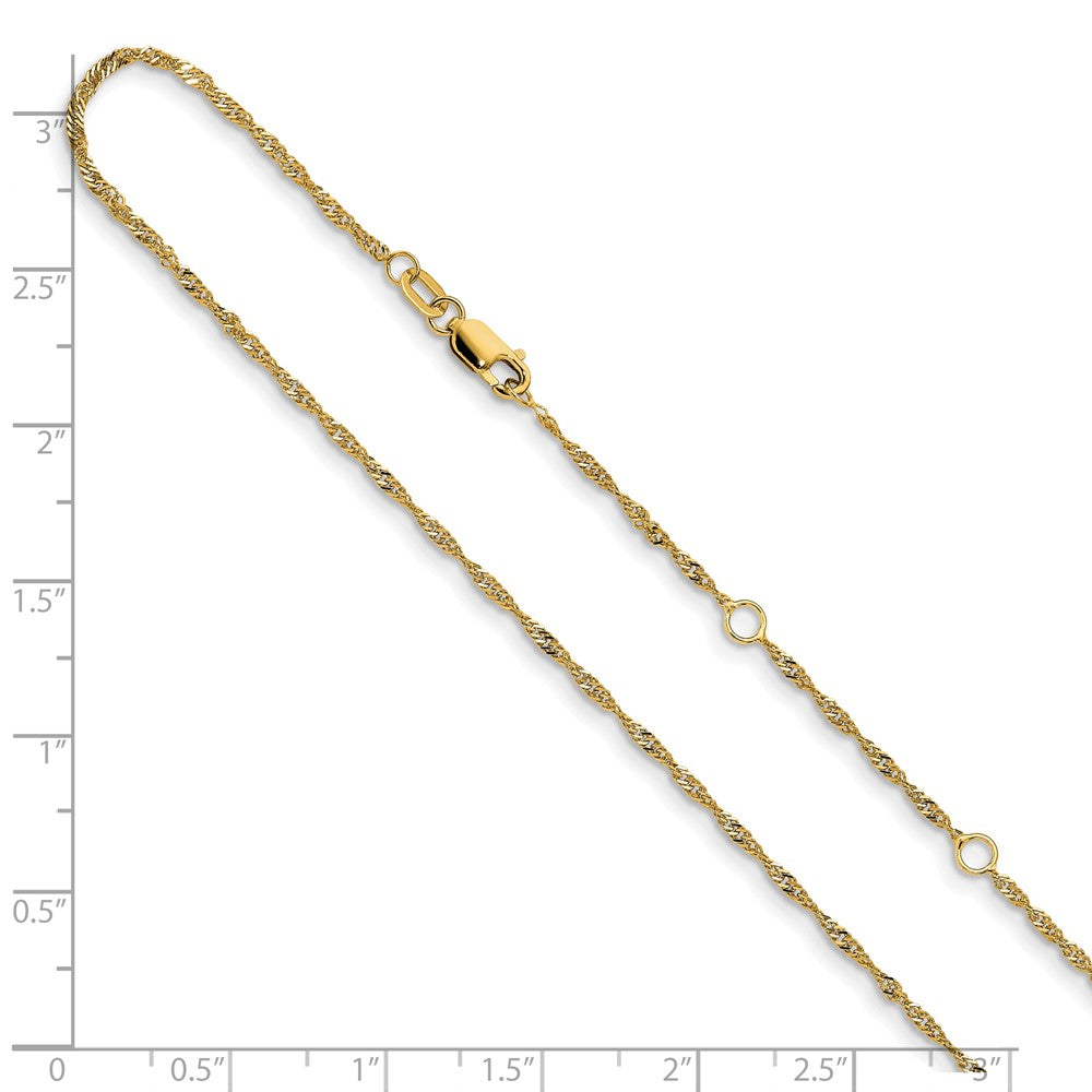 18 Inch 10K Yellow Gold 1.5mm Singapore 1In+1In Adjustable Chain Necklace