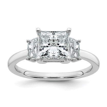 14K White Gold 1/2 carat Lab Grown Diamond VS+ F+ Trapezoid 1 1/2 carat Princess Center Semi Mount Three Stone Engagement Ring