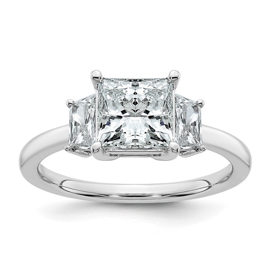 14K White Gold 1/2 carat Lab Grown Diamond VS+ F+ Trapezoid 1 1/2 carat Princess Center Semi Mount Three Stone Engagement Ring