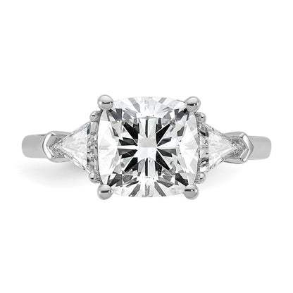 14K White Gold 5/8 carat Lab Grown Diamond VS/SI+ G+ Triangle 2 1/2 carat Cushion Center Semi Mount Three Stone Engagement Ring