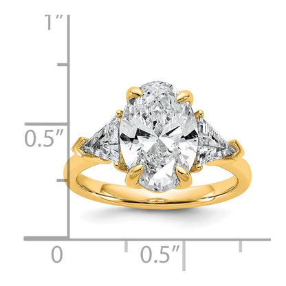 14K Yellow Gold 1 1/8 carat Lab Grown Diamond VS+ F+ Trillion and 3 carat Oval Center Semi Mount Three Stone Engagement Ring