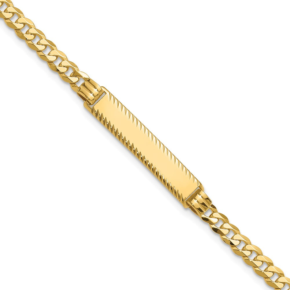 14K Yellow Gold Polished Solid Chain/Solid Plate Flat Curb Link Diamond-cut 27x5.5mm Plate 8 Inch ID Bracelet