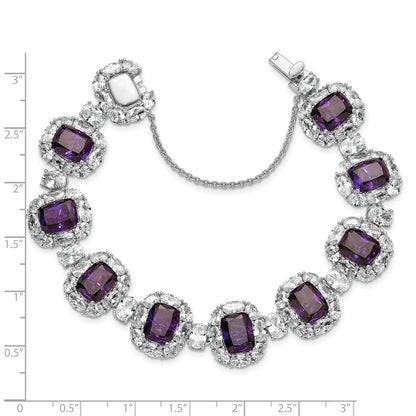 Cheryl M Sterling Silver Rhodium-plated Polished Fancy Purple and White CZ Halo Cluster with Safety Chain 7 Inch Bracelet
