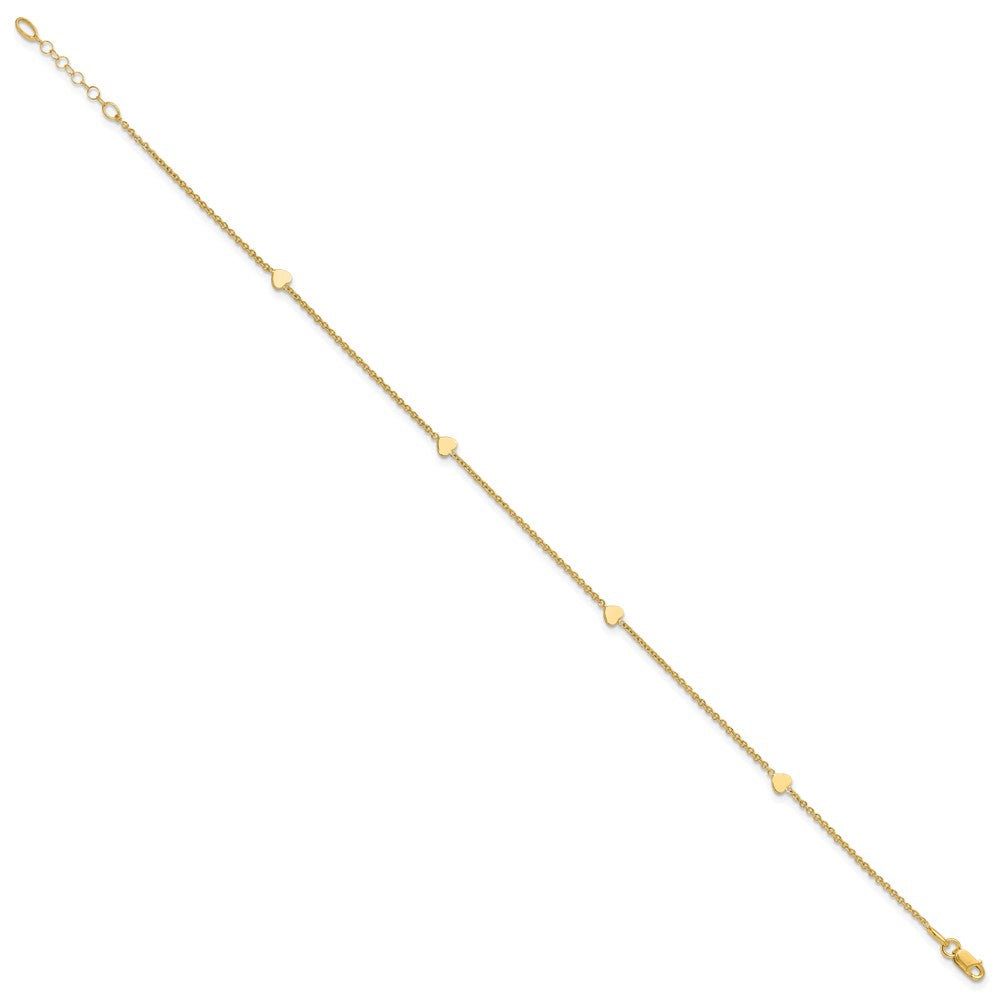 14K Yellow Gold Polished Hearts 4-Station 10 Inch Plus 1 Inch Extender - Total 11 Inch Anklet