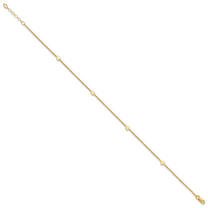 14K Yellow Gold Polished Hearts 4-Station 10 Inch Plus 1 Inch Extender - Total 11 Inch Anklet
