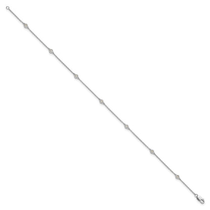 14K White Gold Complete 1/8 carat Bezel-set Diamond and Cable Chain 7-Station 9 Inch Anklet