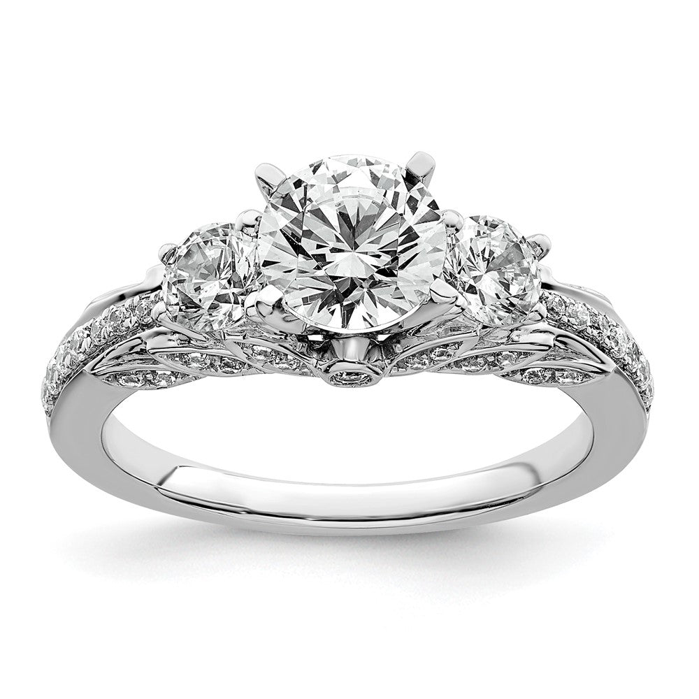 14K White Gold 3/4 carat Lab Grown Diamond VS/SI+ G+ Round Semi Mount Three Stone Engagement Ring