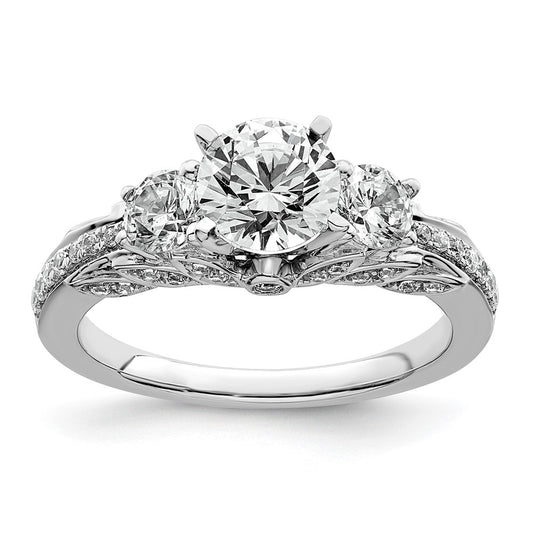 14K White Gold 3/4 carat Lab Grown Diamond VS/SI+ G+ Round Semi Mount Three Stone Engagement Ring