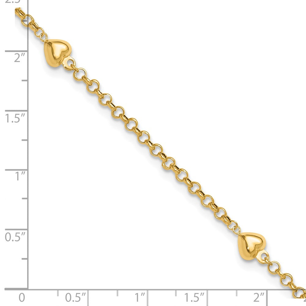 14K Yellow Gold Polished Puffed Heart 3-Station 10 Inch Anklet