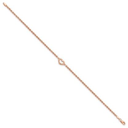 14K Rose Gold Diamond-cut Open Heart and Rope Chain 10 Inch Anklet