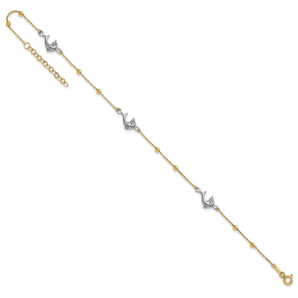 14K Two-Tone Gold Two-tone Beads and Three Dolphins 9 Inch Plus 1 Inch Extender - Total 10 Inch Anklet