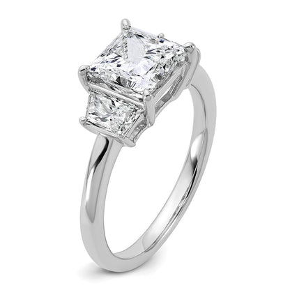 14K White Gold 2 3/4 carat Lab Grown Diamond VS+ F+ Princess and Trapezoid Complete Three Stone Engagement Ring