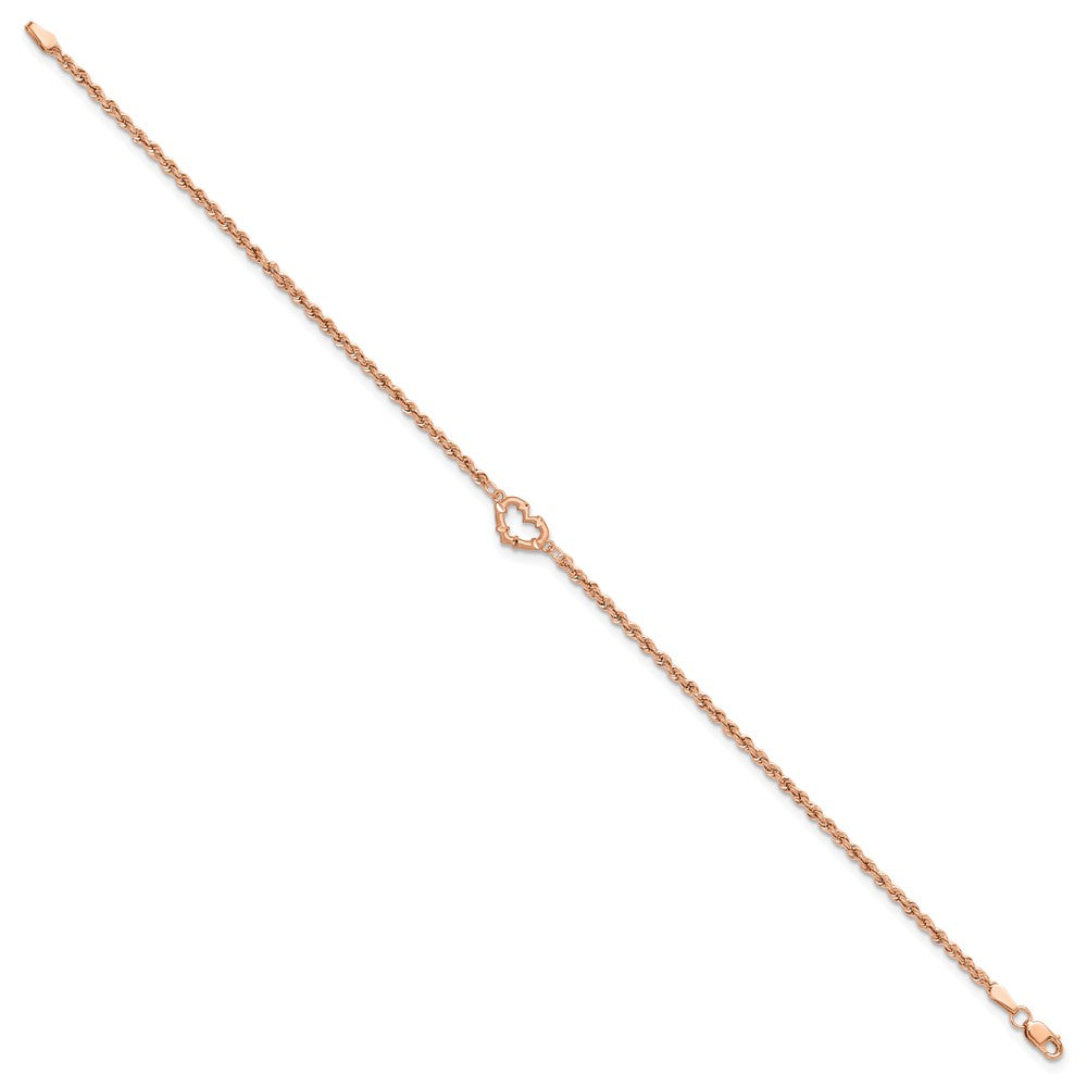 14K Rose Gold Diamond-cut Open Heart and Rope Chain 9 Inch Anklet