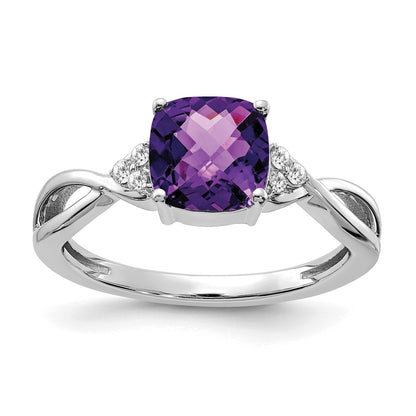 14K White Gold 7mm Cushion Checkerboard February/Amethyst and Diamond Ring