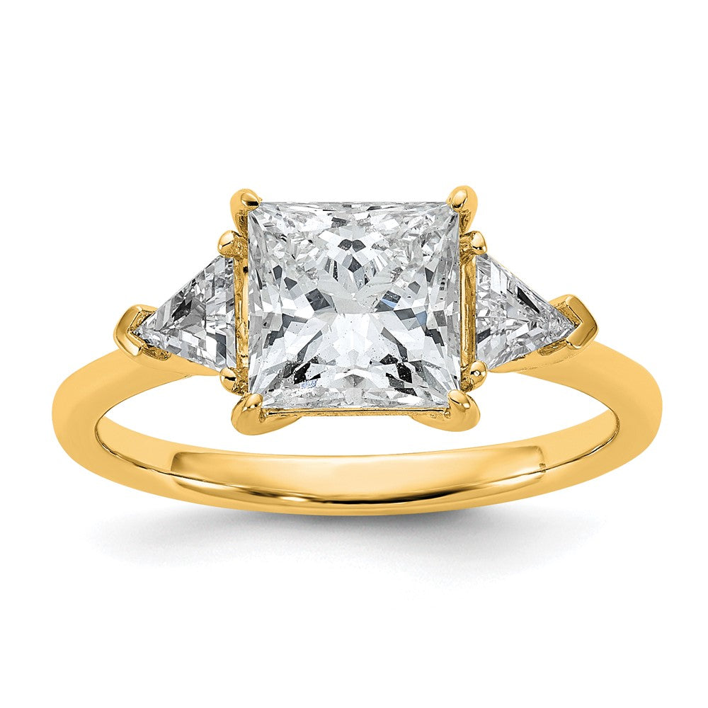 14K Yellow Gold 2 1/2 carat Certified Lab Grown Diamond VS+ F+ Princess and Trillion Complete Three Stone Engagement Ring
