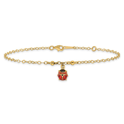 14K Yellow Gold Red and Black Enameled Ladybug 9 Inch Plus 1 Inch Extender - Total 10 Inch Anklet