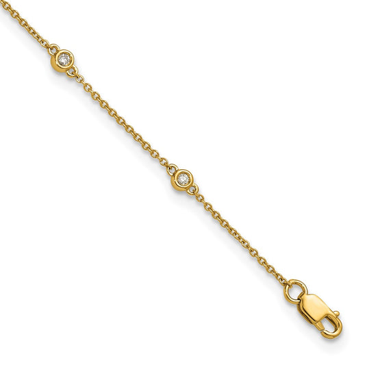 14K Yellow Gold Complete 1/8 carat Bezel-set Diamond and Cable Chain 8-Station 9 Inch Anklet