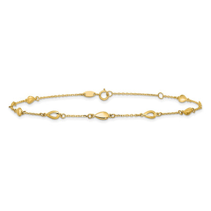 14K Yellow Gold Polished Teardrop 9 Inch Plus 1 Inch Extender - Total 10 Inch Anklet