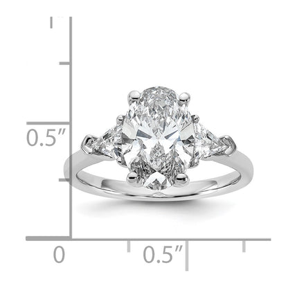 14K White Gold 5/8 carat Lab Grown Diamond VS+ F+ Trillion and 2 1/2 carat Oval Center Semi Mount Three Stone Engagement Ring