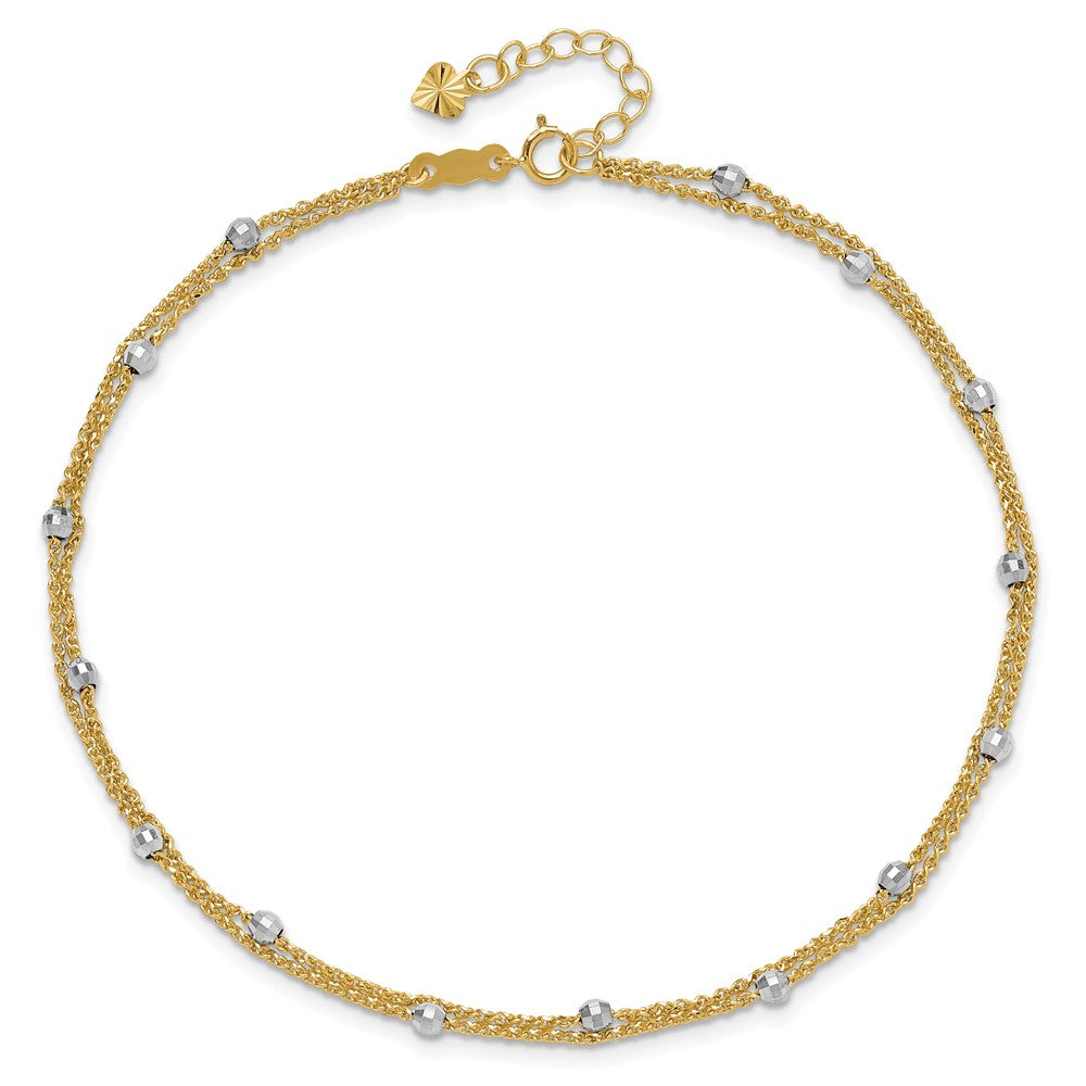 14K Two-Tone Gold Two-tone 2-Strand Chain with Mirror Beads 9 Inch Plus 1 Inch Extender - Total 10 Inch Anklet