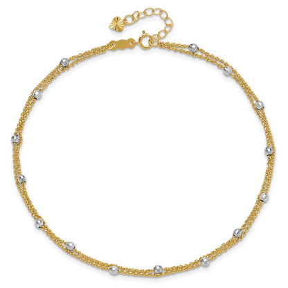 14K Two-Tone Gold Two-tone 2-Strand Chain with Mirror Beads 9 Inch Plus 1 Inch Extender - Total 10 Inch Anklet