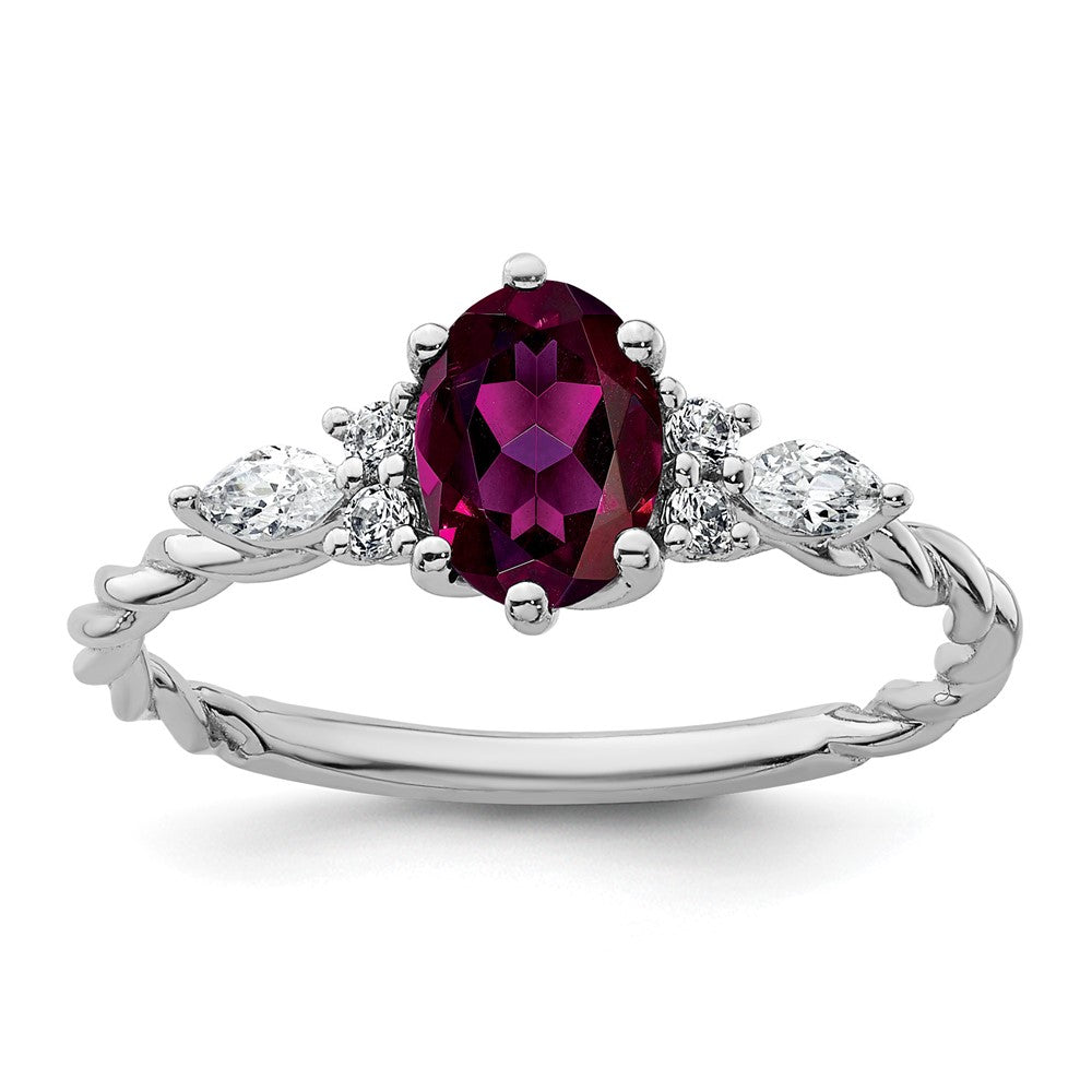 14K White Gold Diamond and 7x5 Oval June/Rhodolite Garnet Size 7 Twisted Ring