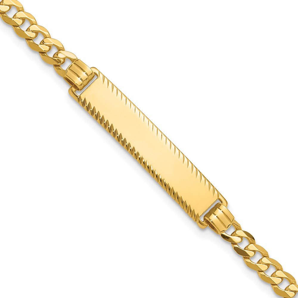 14K Yellow Gold Polished Solid Chain/Solid Plate Flat Curb Link Diamond-cut 29x6.5mm Plate 7 Inch ID Bracelet