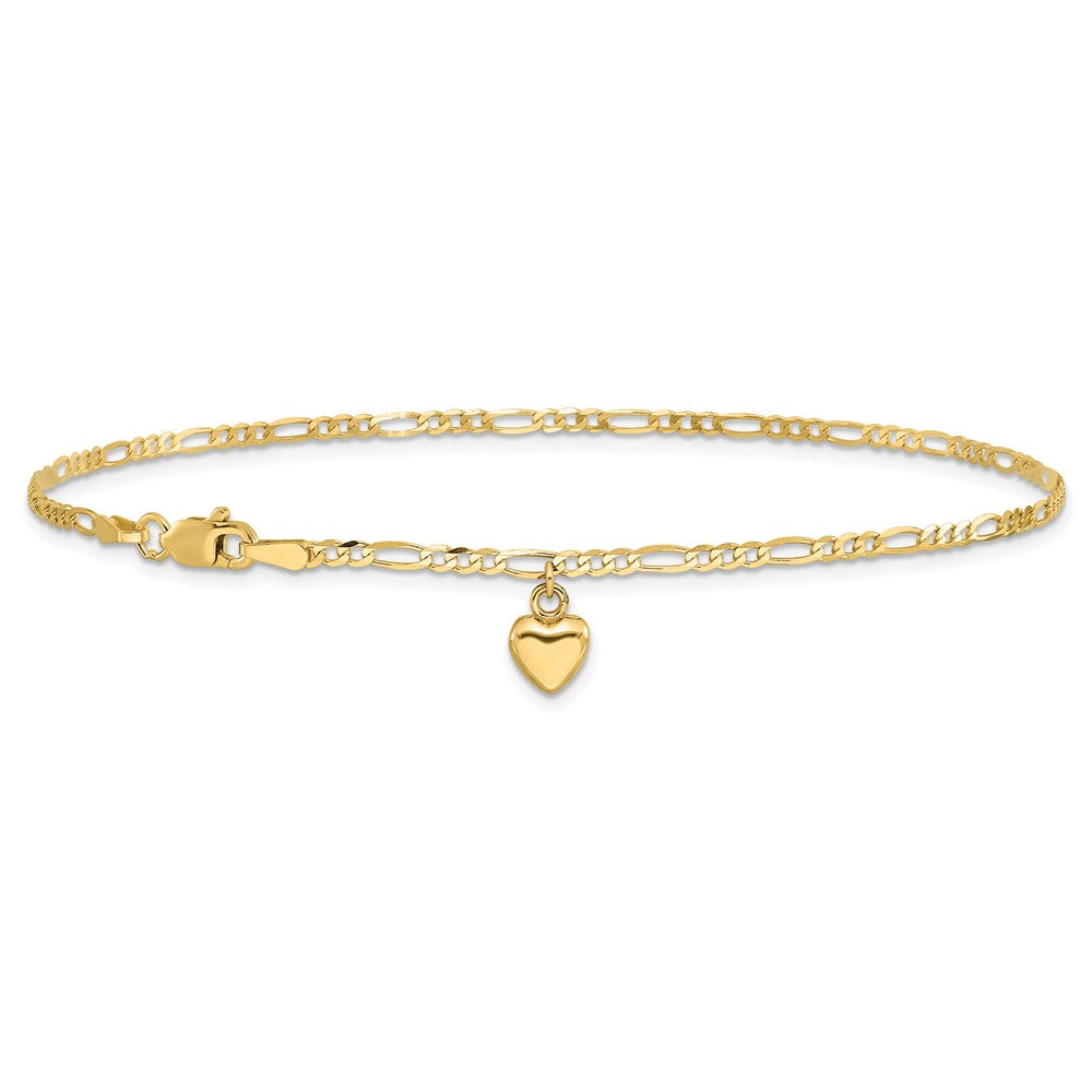 14K Yellow Gold Figaro Link Chain with Dangling Puffed Heart 10 Inch Anklet