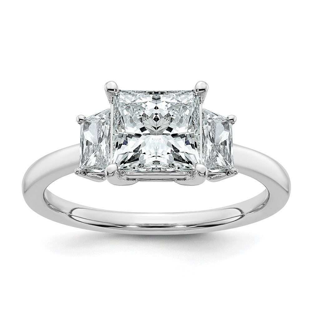 14K White Gold 2 carat Lab Grown Diamond VS+ F+ Princess and Trapezoid Complete Three Stone Engagement Ring