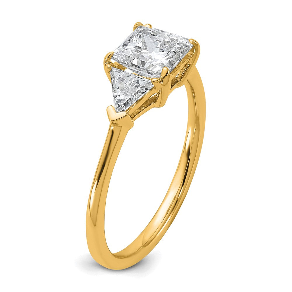 14K Yellow Gold 1 1/2 carat Certified Lab Grown Diamond VS+ F+ Princess and Trillion Complete Three Stone Engagement Ring