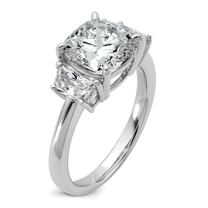 14K White Gold 3 3/4 carat Lab Grown Diamond VS+ F+ Cushion and Half Moon Complete Three Stone Engagement Ring