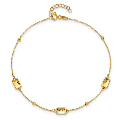 14K Yellow Gold Rectangle and Diamond-cut Bead 9 Inch Plus 1 Inch Extender - Total 10 Inch Anklet
