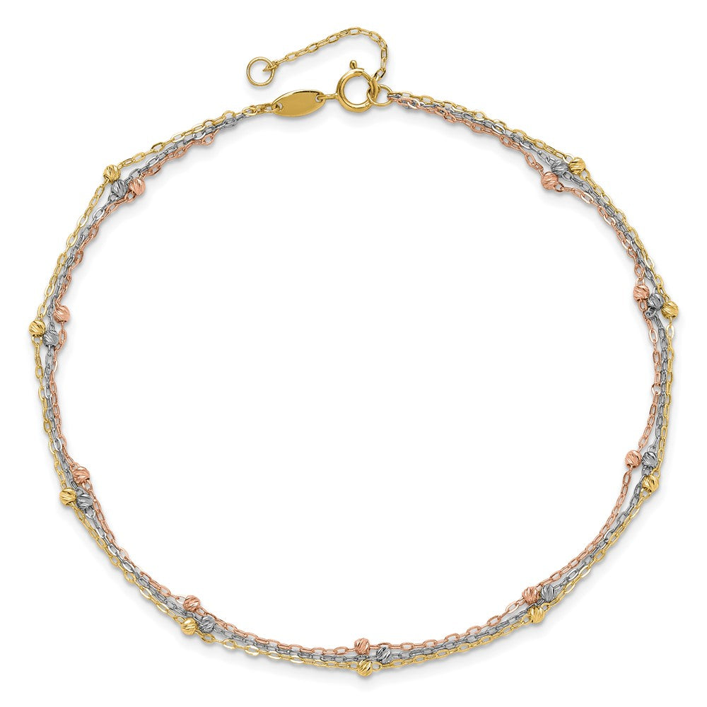 14K Tri-Color Gold Tri-color 3-Strand Diamond-cut Beaded 9-Station 9 Inch Plus 1 Inch Extender - Total 10 Inch Anklet