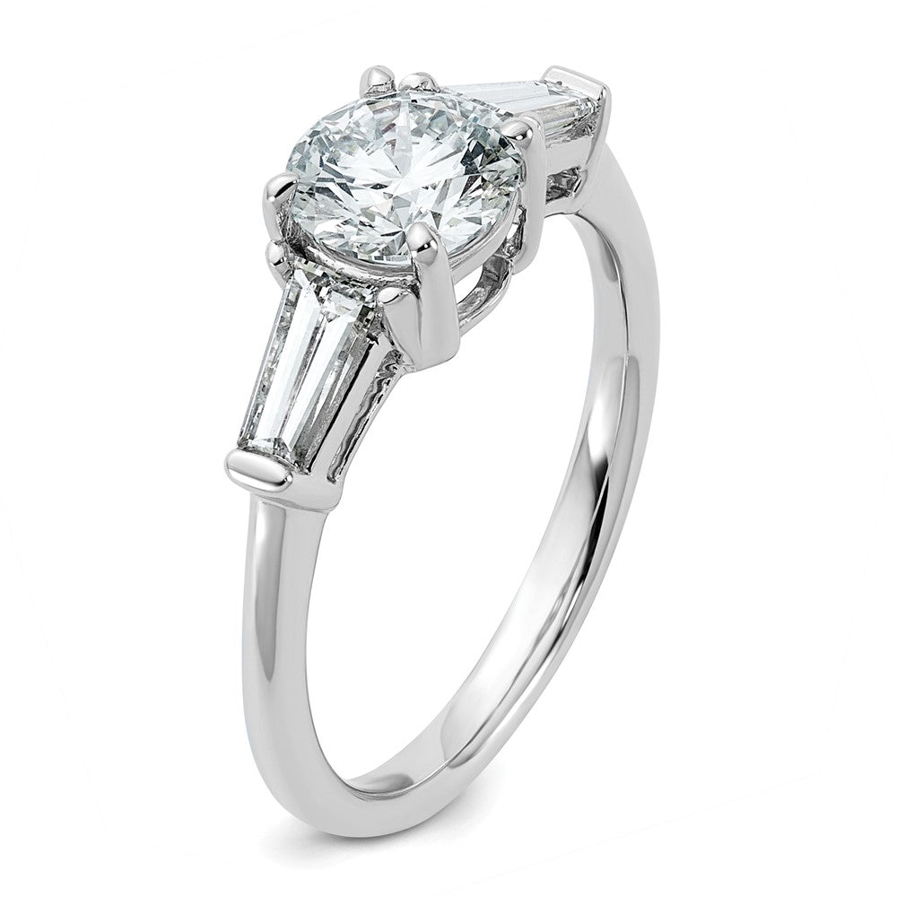 14K White Gold 1 1/2 carat Lab Grown Diamond VS+ F+ Round and Tapered Baguette Complete Three Stone Engagement Ring