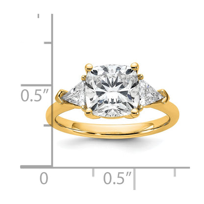 14K Yellow Gold 3 1/8 carat Certified Lab Grown Diamond VS+ F+ Cushion and Triangle Complete Three Stone Engagement Ring