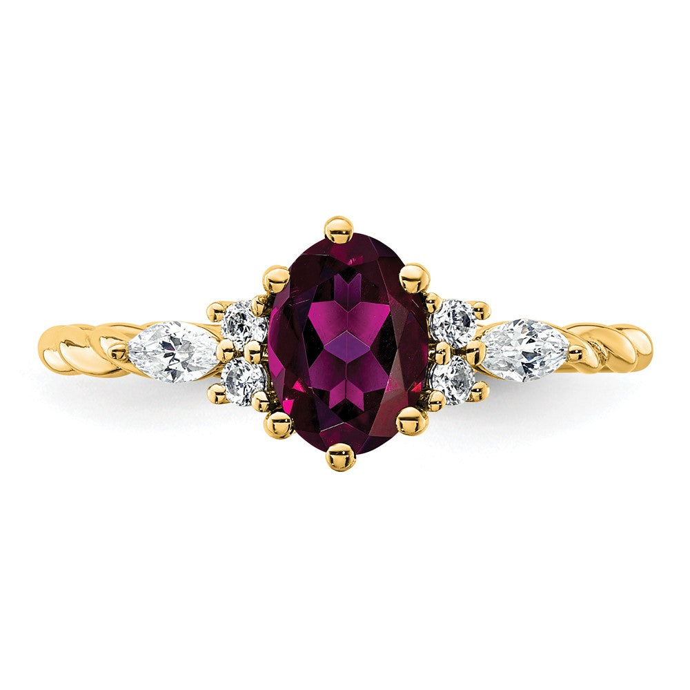 14K Yellow Gold Diamond and 7x5 Oval June/Rhodolite Garnet Size 7 Twisted Ring