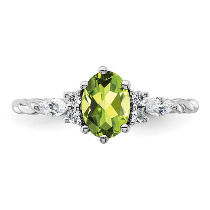 14K White Gold Diamond and 7x5 Oval August/Peridot Size 7 Twisted Ring