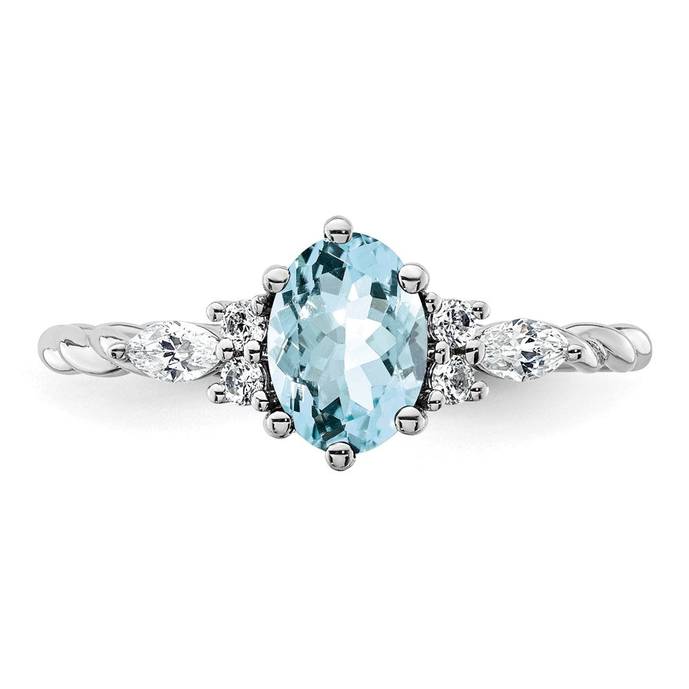 14K White Gold Diamond and 7x5 Oval March/Aquamarine Size 7 Twisted Ring