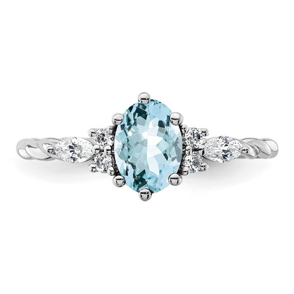 14K White Gold Diamond and 7x5 Oval March/Aquamarine Size 7 Twisted Ring